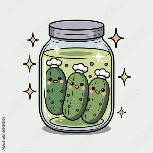 Cute kawaii pickles in a jar with sparkles