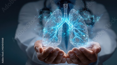 Caring for Breath: Doctor Gently Holds a Luminous Digital Lung Plexus.