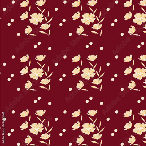 Cheerful Flower Pattern with Daisies and Tulips on Beige
