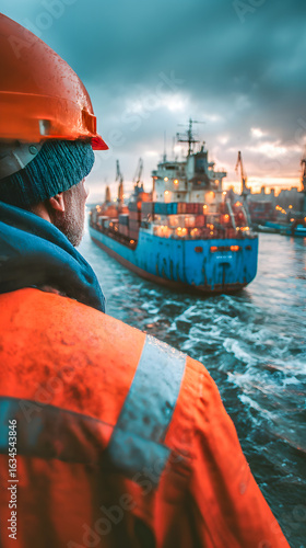 Dock worker wearing safety helmet watching cargo ship entering port at sunset