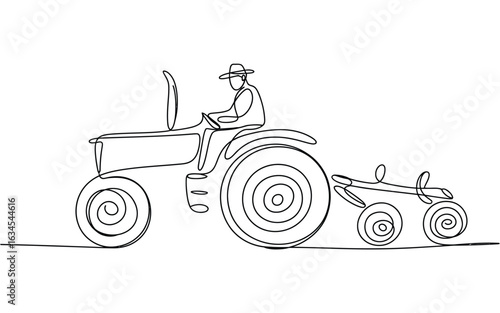 Farmer driving tractor with tiller in minimalist line art style