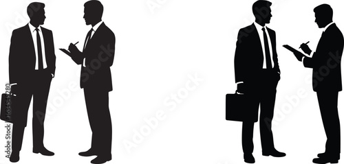 Professionals, businessmen with briefcases discussing and planning corporate communication and business partnership, silhouettes set 