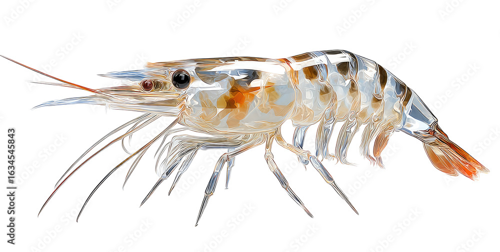 Close-up of a shrimp, profile view. Clear, detailed view of its body, showing segments, antennae, and tail. Light tan and translucent colors Close-up of a shrimp, profile view. Clear, detailed view of its body, showing segments, antennae, and tail. Light tan and translucent colors