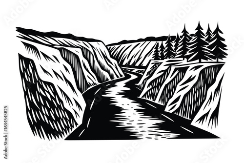 River Canyon Woodcut Vector Landscape - Engraved Wilderness Scene for Travel Design