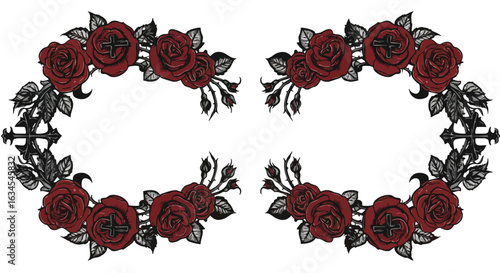 Vector Floral Pattern with Red Roses and Black Leaves in Vintage Gothic Style for Tattoo Design