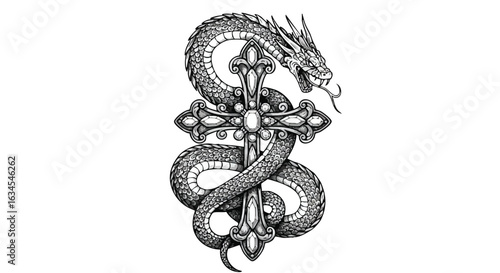 Vector Illustration of a Mythical Dragon Wrapped Around a Celtic Cross in Black and White Modern Style
