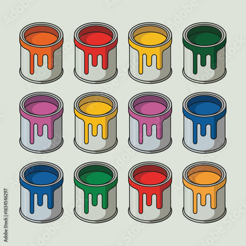 Collection of colorful paint cans with dripping paint