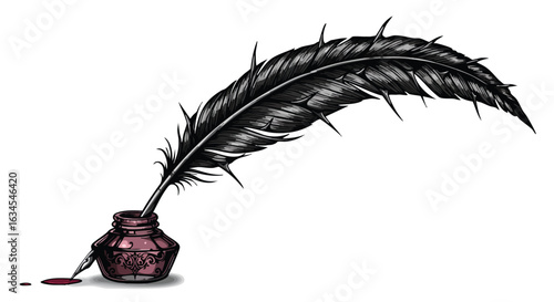 Vintage Quill Pen Vector Illustration with Ornate Ink Pot in Classic Style in Monochrome Colors