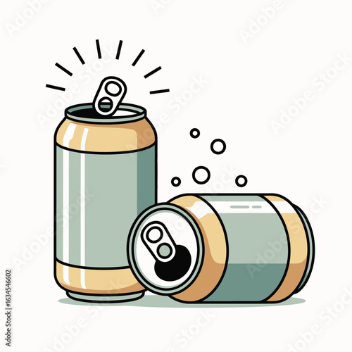 Two refreshing soda cans with one opened and fizzing
