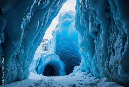 A breathtaking ice cave entrance, blanketed in a mesmerizing blue hue, invites exploration into its icy wonderland
