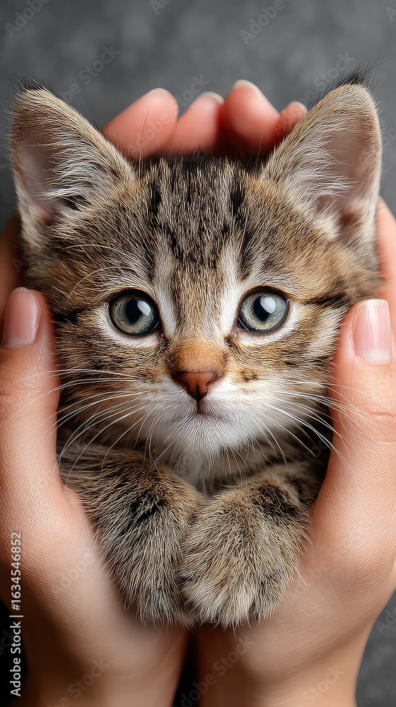 Obraz premium Soulful Gaze of a Tabby Kitten Cradled in Gentle Hands.