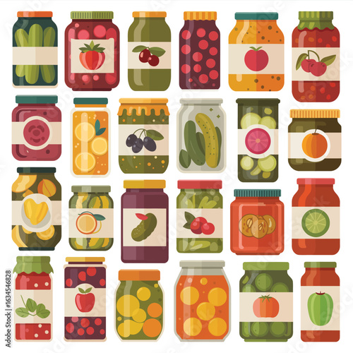 Assortment of preserved fruits and vegetables in glass jars