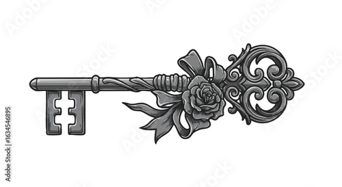 Vintage Ornamental Vector Key with Floral Elements in Monochrome Classic Style