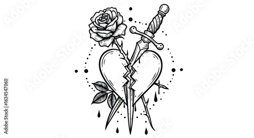 Minimalist Vector Tattoo Style Heart with Rose and Dagger Illustration in Black and White