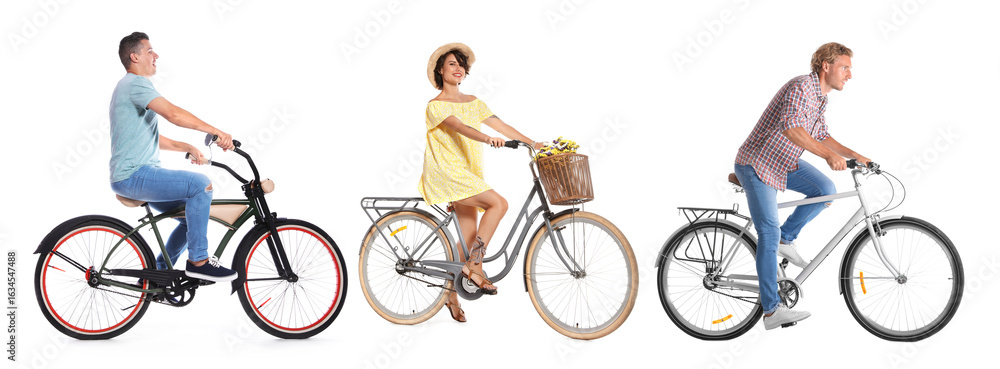 Naklejka premium People riding bicycles on white background, collage of photos