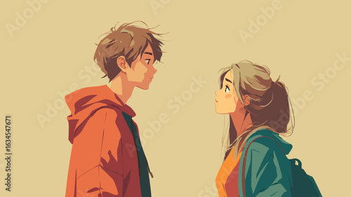 Anime-style young man and woman looking each other and impressed. Flat design vector illustration