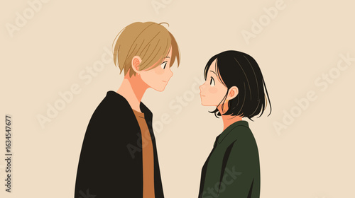 Anime-style young man and woman looking each other and impressed. Flat design vector illustration