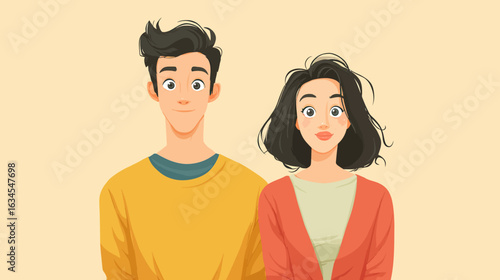 Anime-style young man and woman looking camera and impressed. Flat design vector illustration