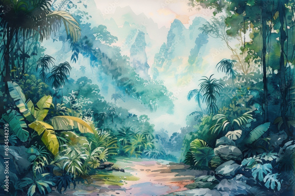 Fototapeta premium watercolour painting of the jungle landscape, a picturesque natural environment in soft harmonious colours