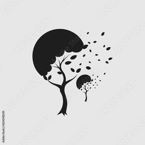 Vector art of stylized silhouette of a tree with leaves blowing off in the wind
