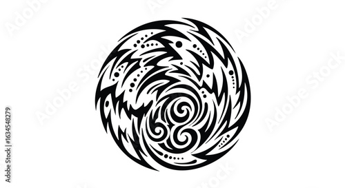 Abstract Circular Vector Pattern with Swirling Shapes in Monochrome Black and White Modern Geometric Style