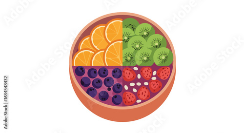 Vector Illustration of Fruit Salad Bowl with Mixed Fruits in Modern Minimalist Style Featuring Bright Colors