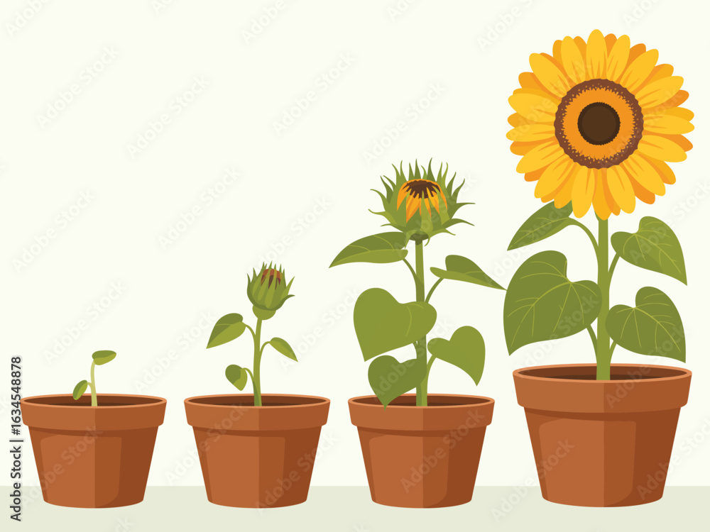 Obraz premium Sunflower growth stages in pots from seed to bloom