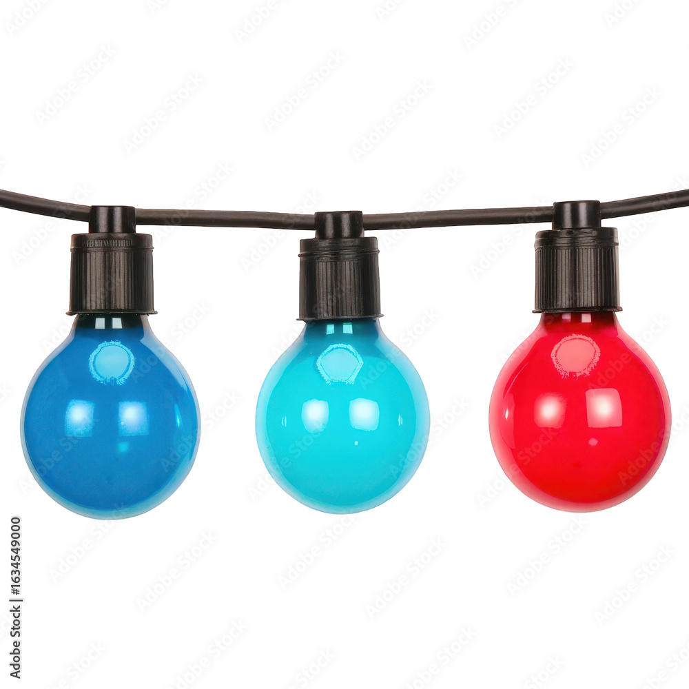 Obraz premium Close up of a string of three colorful light bulbs on a white backdrop on transparent background