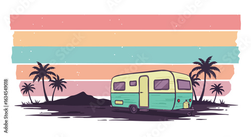 Minimalist Vector Illustration of Vintage Camper Van with Palm Trees and Sunset Background in Soft Pastel Colors