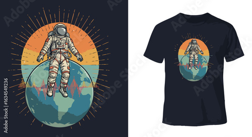 Vector Illustration of Astronaut Floating Above Earth in Retro Style with Sunset Colors for T Shirt Design