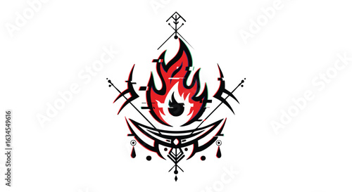 Vector Tattoo Style Flame Emblem with Sword and Dagger Elements in Modern Minimalist Design