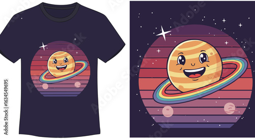 Vector Cartoon Planet T Shirt Design with Smiling Saturn and Rings in Space Style