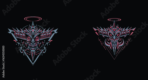 Vector Illustration of Demonic Skull with Halo in Dark Gothic Style Featuring Symmetrical Sharp Lines and Neon Pink Blue Colors for Alternative Art