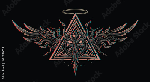 Dark Tribal Vector Illustration with Geometric Owl and Angel Wing Elements in Modern Gothic Style with Monochrome Black and Gray Colors