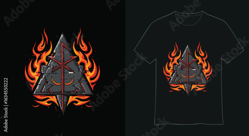 Vector Illustration of a Demonic Triangular Emblem with Flames in Modern Dark Style for Heavy Metal Band Merchandise