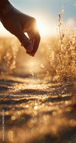 A hand releases a seed into the golden earth, bathed in warm sunlight