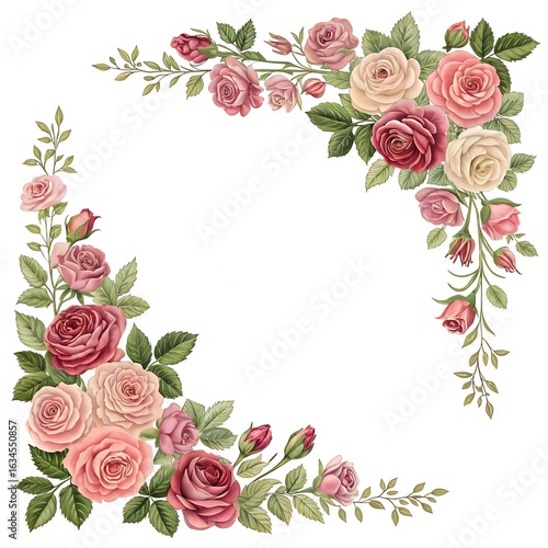 Vintage rose floral corner border isolated on white background
