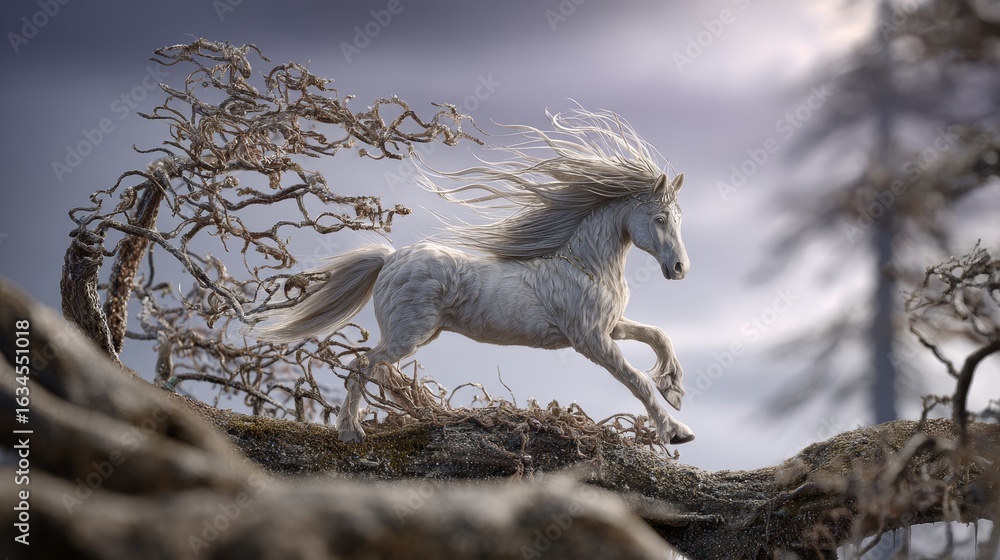 Fototapeta premium A white horse is running through a forest with trees in the background