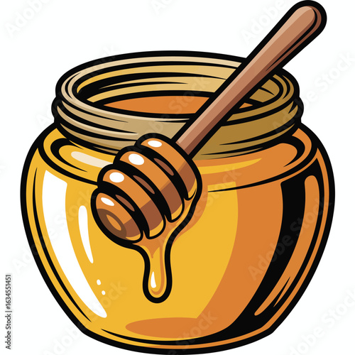 Jar of golden honey with wooden dipper