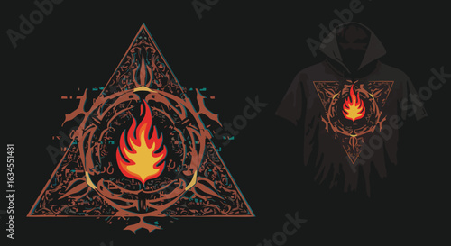 Modern Geometric Vector Pattern with Flame Element and Intricate Triangle Design in Dark Style