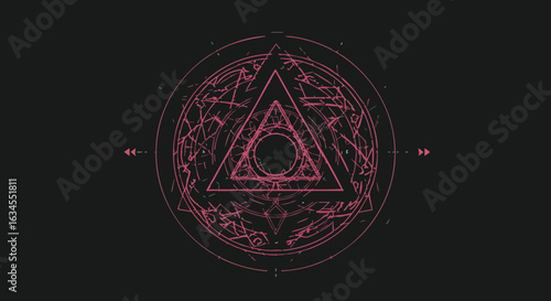 Abstract Vector Illustration of Geometric Triangle Symbol with Circular Pattern in Neon Pink on Black Background Modern Style for Digital Art and Mystic Design