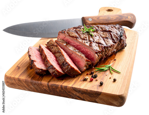 Sliced Medium-Rare Steak on Cutting Board with Knife, Side Angle PNG
