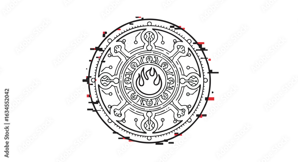 Obraz premium Vector Pattern Circular Design with Mystic Symbols and Flame Motif in Modern Geometric Style