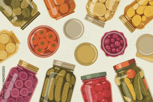 Assortment of jars filled with preserved fruits and vegetables