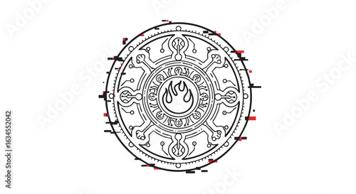 Vector Pattern Circular Design with Mystic Symbols and Flame Motif in Modern Geometric Style
