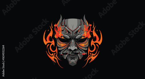 Vector Illustration of Demonic Mask with Flames in Modern Dark Style for Gaming and Tattoo Design