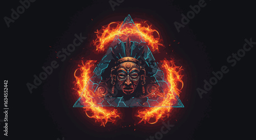 Vector Illustration of Tribal Mask with Fire Elements in Modern Dark Style