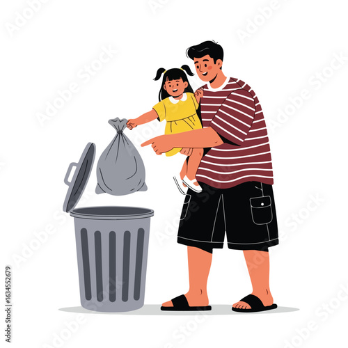 A vector illustration of a young man in casual clothing instilling in his child the habit of disposing of trash properly. The illustration's clean and playful style is perfect for modern web designs, 