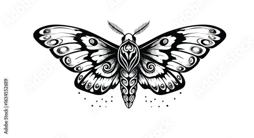 Black and White Vector Butterfly Illustration with Ornamental Details in Organic Style