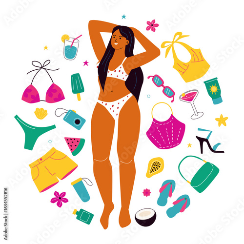 A stylish woman in a bikini surrounded by essentials for a summer vacation. Hawaii outfite, tropical core.